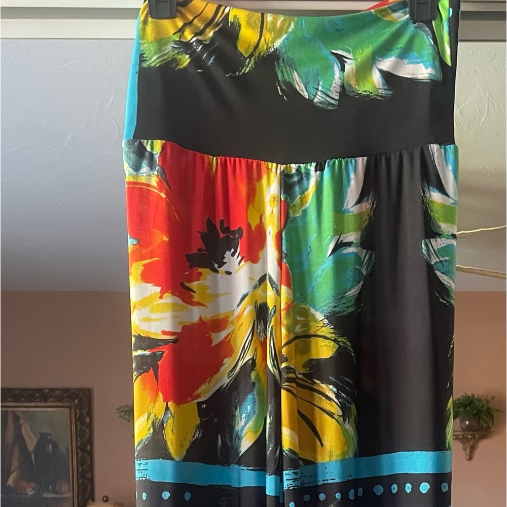 Cruise Wear Collection -NWOT Colorful Tropical Palazzo Pants w Roll Over Waist L